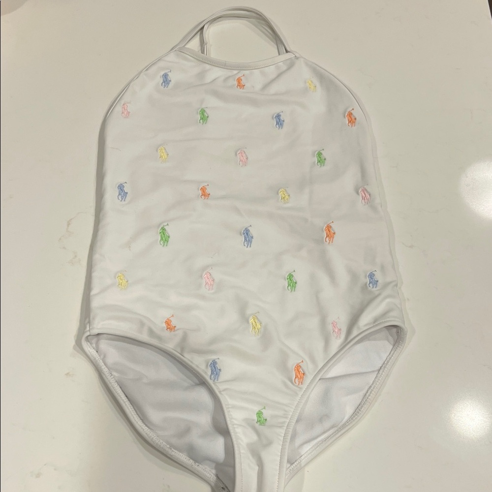 White Halter Swimsuit with Multicolor Embroidery